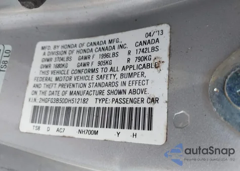 2013 Honda Civic Lx from USA, damaged, VIN 2HGFG3B50DH512182